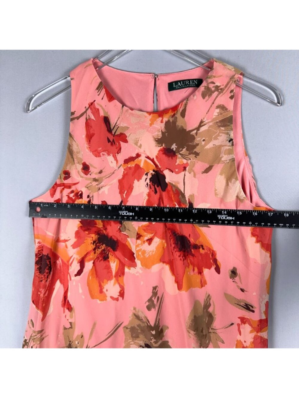 Lauren Ralph Lauren Dress Size 12 Shift Midi Sleeveless Floral Chiffon Pink - Picture 8 of 10